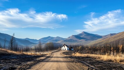 A photograph of a white farmhouse on a dirt road in the middle of a burned forest, with a blue sky and some clouds.
