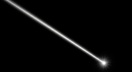 A single intense white light beam originates from a small luminous point and extends upwards and to the left against a completely dark background