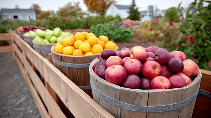Fresh Fruit Harvest in Wooden Barrels