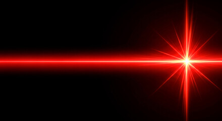 This abstract image features a vibrant red laser beam forming a precise cross A bright glowing point at the intersection emits a starburst of light set against a deep black void
