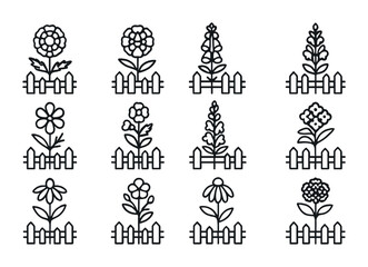 Fototapeta premium Floral Icon Grid. Outline icon set of flowers by the fence: marigold, zinnia, foxglove, salvia, cosmos,