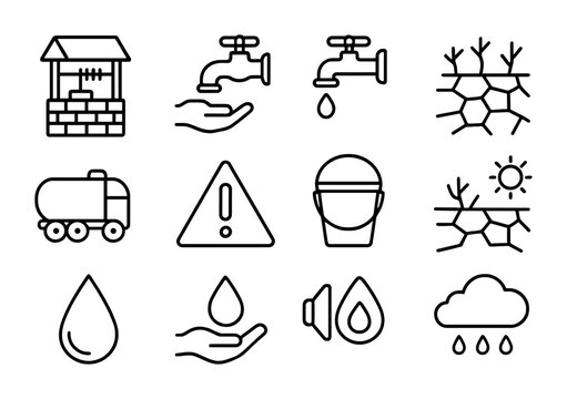 Water Scarcity Icons. Outline icon set of water scarcity: empty well, water rationing, faucet drip, dry field,