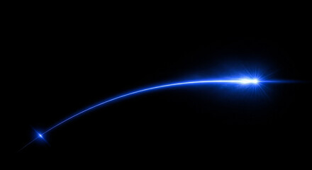 A single luminous blue streak of light arcs gracefully against a deep black void The light emanates from a bright point tapering as it curves