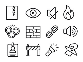Anti-Censorship Icon Set. Outline icon set of anti-censorship symbols: torn page, eye icon, mute symbol,