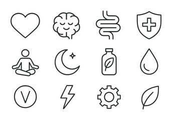 Tea Benefits Icon Set. Outline icon set of tea health benefits: heart icon, calm brain, digestion symbol,
