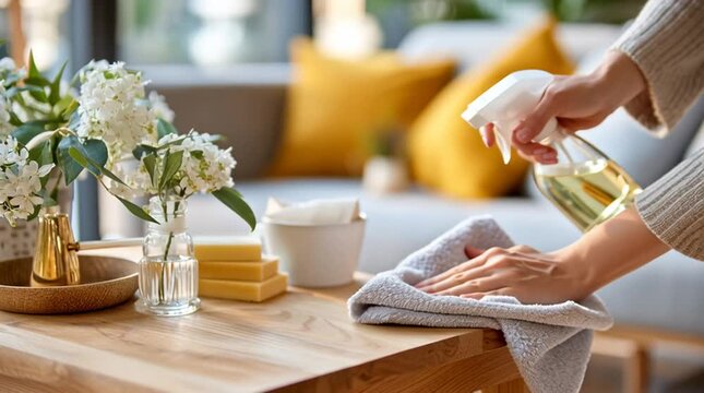 Hand gently cleaning wooden table with spray bottle and cloth