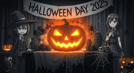 Anime style halloween day 2025 scene with witch, girl, and pumpkin