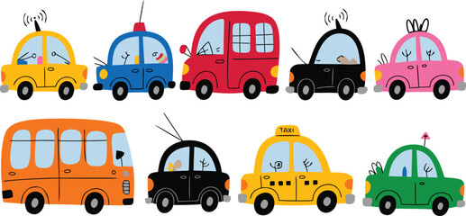 Fototapeta premium Colorful Cartoon Car Collection Playful Yellow Taxi, Orange Bus, and Other Unique Vehicles Design