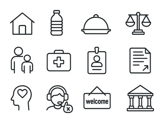 Refugee Support Icons. Outline icon set of refugee support services: shelter icon, water bottle, food tray,