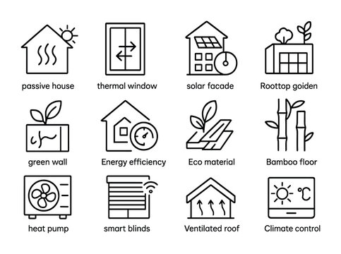 Sustainable Architecture Icons. Outline icon set of sustainable architecture: passive house, thermal window,