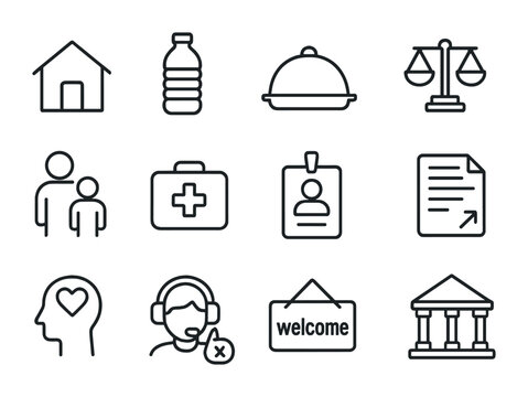 Refugee Support Icons. Outline icon set of refugee support services: shelter icon, water bottle, food tray,