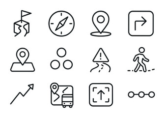 Fototapeta premium AR Navigation Icon Set. Outline icon set of AR navigation tools: 3D route, compass icon, GPS beacon, turn