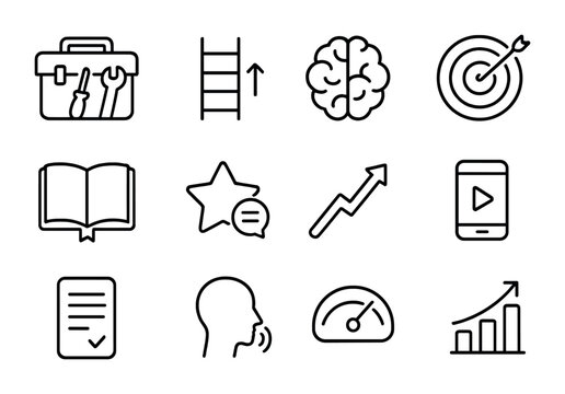 Skill-Building Icons Set. Outline icon set of skill-building coaching: toolkit icon, learning ladder, brain