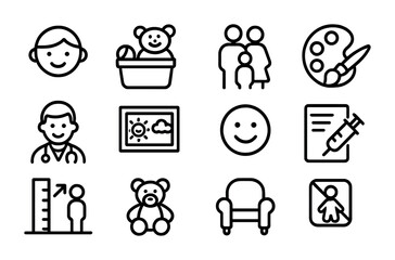 Pediatric Clinic Icons. Outline icon set of pediatric clinic signs: child icon, toy bin symbol, family sign,