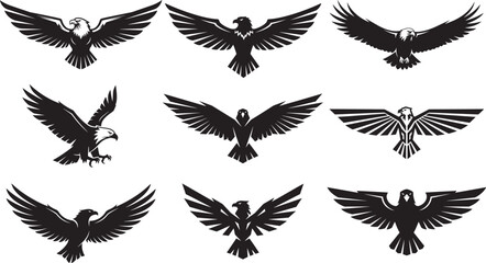 Fototapeta premium Eagle Silhouette Collection, Majestic Flying Bird Icons for Wildlife, Freedom, and Nature Design Projects