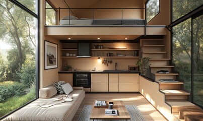 Tiny home project concept, illustrating a minimalist lifestyle that advocates living more with less. The design of compact living spaces focuses on simplicity, functionality, Generative AI