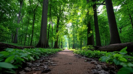 Forest trail through vibrant green woodland