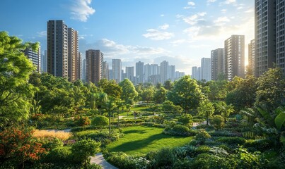Sustainable urban design project concept, featuring a green cityscape with eco-friendly buildings and lush parks, reflecting a forward-thinking approach to city planning, Generative AI