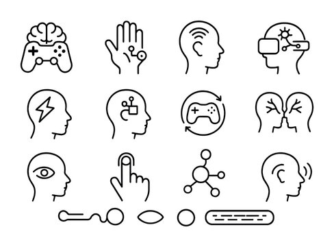 Immersive Neural Gaming Icons. Outline icon set of immersive neural gaming: neural gamepad, haptic feedback,
