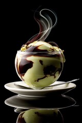 Gourmet ice cream dessert, swirling chocolate sauce, and steam