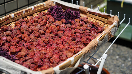 Umeboshi, Japanese pickled plum on the plate outside
