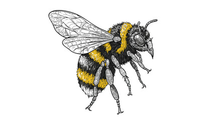Detailed bumblebee illustration in a vintage engraving style. Hand-drawn flying insect sketch, isolated vector graphic element.