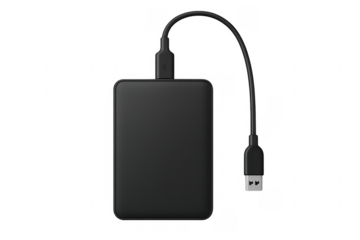 Black external hard drive with usb cable on transparent background