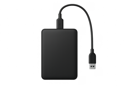 Black external hard drive with usb cable on transparent background - Powered by Adobe