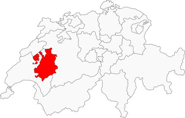 Map of Switzerland highlighting the canton of Fribourg. Ideal for projects on its bilingual culture, rolling landscapes, and historical cities