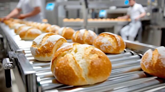 Freshly baked bread rolls on a conveyor belt in a modern bakery, production process with skilled bakers working in the background