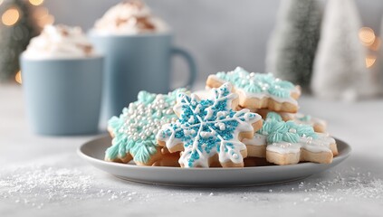 Festive snowflake cookies on a plate, alongside mugs of hot beverage, in a wintery scene