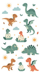 Obraz premium Adorable cartoon dinosaurs roaming through a sunny sky with fluffy clouds and falling leaves