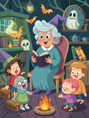 Grandma Witch Telling Halloween Ghost Stories to Kids in Cartoon Style