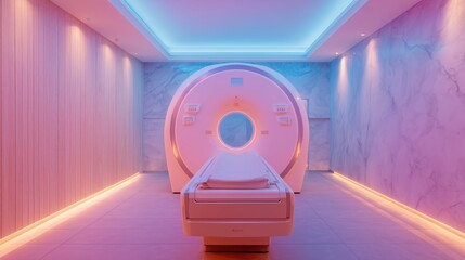 Modern MRI machine in a futuristic medical room illuminated with pink neon lights. Advanced diagnostic technology concept for healthcare, radiology, and medical imaging innovation.