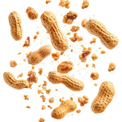 Freshly Shelled Peanuts in Motion with Crushed Bits, Perfect for Snacking or Cooking, Bright and Inviting Appearance on transparent background