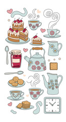 A charming afternoon tea party with delicious cakes cookies and hot beverages in cozy cups