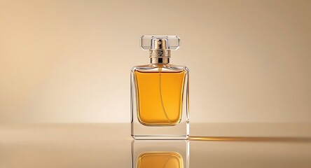 A square glass perfume bottle with golden liquid on a reflective surface against a beige background