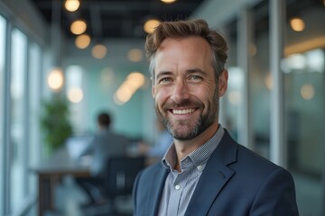 Fototapeta premium Smiling Mature Man in Navy Blazer Standing in Bright Modern Office
