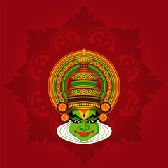 Happy Onam Post and Greeting Card Design Featuring Traditional Kathakali Art and Festive Wishes