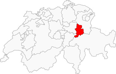 Map of Switzerland highlighting the canton of Glarus. Ideal for projects on its alpine landscapes, industrial history, and unique political traditions