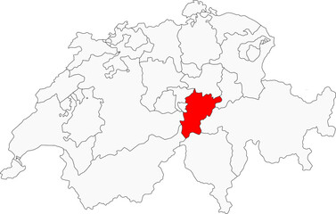 Map of Switzerland highlighting the canton of Uri. Ideal for projects on its central location, alpine landscapes, and historical significance to the country's founding.