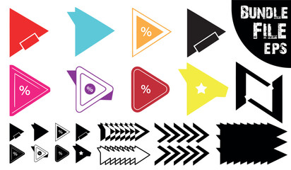 Collection of colorful and black geometric arrow shapes and play button icons representing direction and movement