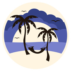 Summer art. Vector illustration of Summer paradise with palm tree hammock on the beach and seagull. Summer circle art isolated transparent ready for t-shirt and hoodies print. EPS 10