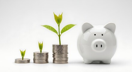 Investment Growth Concept with Stacking Coins and Seedlings in Piggy Bank