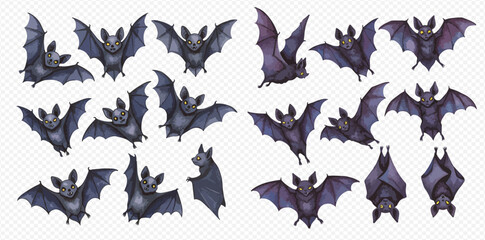 A collection of illustrated dark bats in various flying, perched, and hanging poses, isolated on a transparent background.