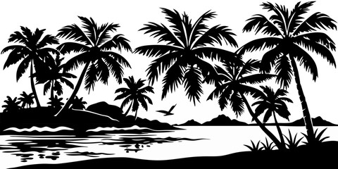 Tropical Beach Scene Vector, Palm Trees and Ocean Silhouette, Summer Graphic