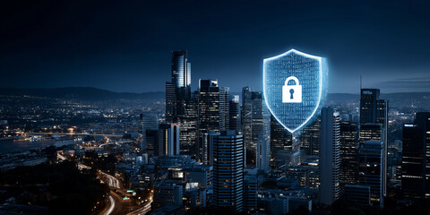 Future of computing quantum encryption safeguarding data security in a modern cityscape at night