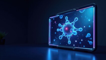 A futuristic digital display showing a complex molecular model.