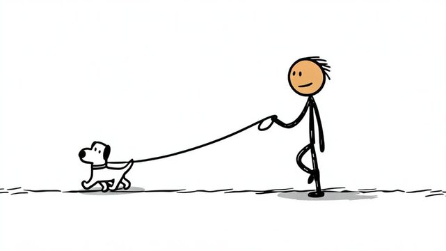 Stick Figure Walking Dog on Leash &ndash; Simple Minimalist Cartoon Animation in Clean Vector Style

