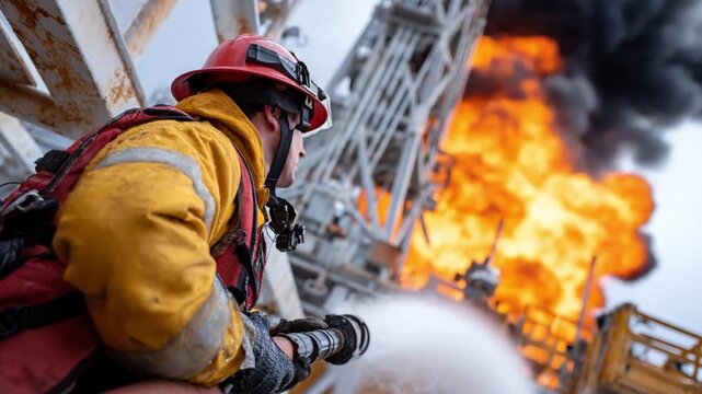 Firefighter Hero: A courageous firefighter, clad in protective gear, bravely confronts a raging inferno, showcasing unwavering dedication and selfless heroism in a dangerous situation.